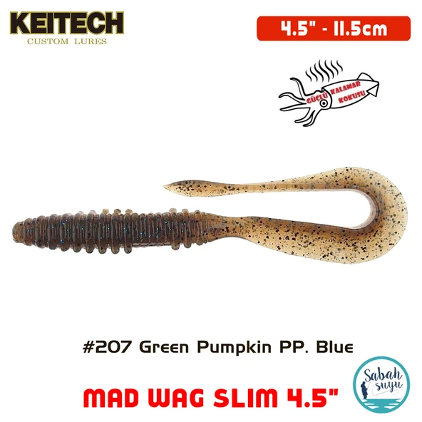 Keitech Mad Wag Slim 11.5cm (4.5") #207 Green Pumpkin PP. Blue Kokulu Silikon Kurt ürün görseli 1