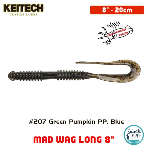 Keitech Mad Wag Long 20cm (8") #207 Green Pumpkin PP. Blue Kokulu Silikon Kurt ürün görseli 1