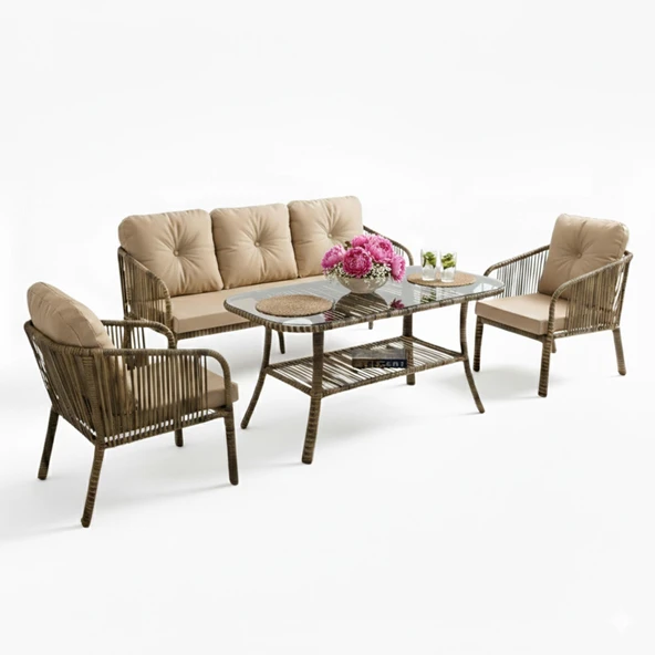 Capri Swing Artemis Üçlü Rattan Balkon Bahçe Takımı | Açık Kahve ürün görseli 1