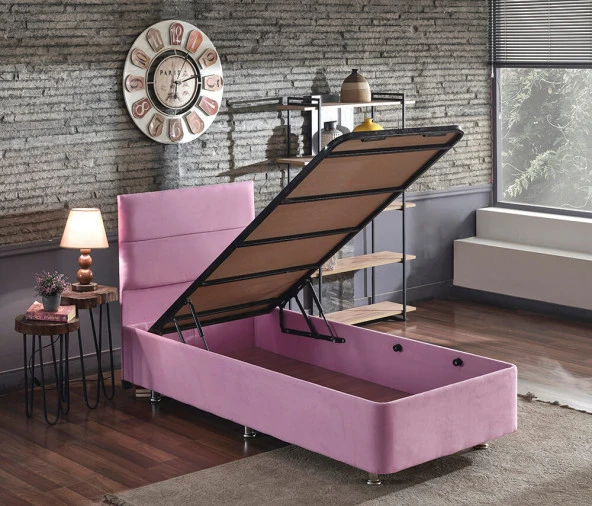 Niron  Pinky Baza ve Başlık - 100x200 cm Tek Kişilik Sandıklı Pembe Kumaş Baza ve Başlığı Silinebilir ürün görseli 1