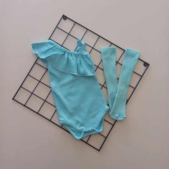 MARS BABY Kız Bebek Mint Ribana Fırfırlı Tek Kol Askılı Badi Çorap Set ürün görseli 1