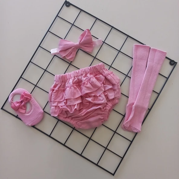 MARS BABY Kız Bebek Pembe Fırfır Şort Etek Bandana ve Çorap Seti ürün görseli 1