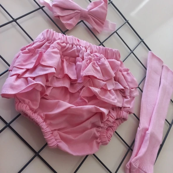 MARS BABY Kız Bebek Pembe Fırfır Şort Etek Bandana ve Çorap Seti - Resim 2