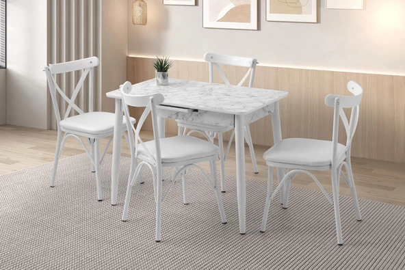 Açılır 60x100 Cm Mini Silva Beyaz Mermer Masa  4 Adet Çapraz Sandalye Takım ürün görseli 1