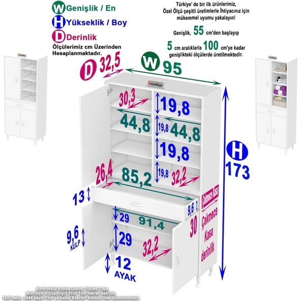 Modilayn AFRA 95x173x32,5 cm 1 Çekmece 3 Kapak 7 Raf 10 Bölme Çok Amaçlı Banyo & Mutfak Dolabı  ürün görseli 1