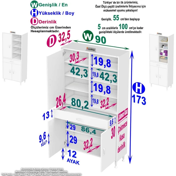 Modilayn AFRA 90x173x32,5 cm 1 Çekmece 3 Kapak 7 Raf 10 Bölme Çok Amaçlı Banyo & Mutfak Dolabı  ürün görseli 1
