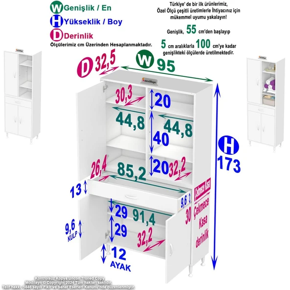 Modilayn AFRA 95x173x32,5 cm 1 Çekmece 3 Kapak 5 Raf 8 Bölme Çok Amaçlı Banyo & Mutfak Dolabı  ürün görseli 1