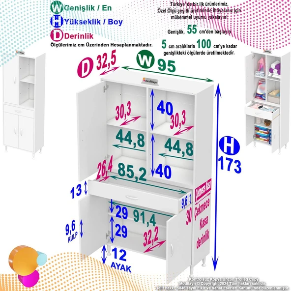 Modilayn AFRA 95x173x32,5 cm 1 Çekmece 3 Kapak 3 Raf 6 Bölme Çok Amaçlı Banyo & Mutfak Dolabı  ürün görseli 1