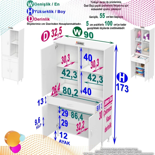 Modilayn AFRA 90x173x32,5 cm 1 Çekmece 3 Kapak 3 Raf 6 Bölme Çok Amaçlı Banyo & Mutfak Dolabı  ürün görseli 1