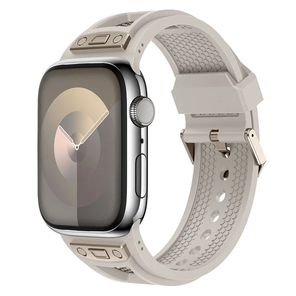 Zore Apple ile uyumlu Watch 44mm KRD-117 Hava Alabilen Delikli Metal Süslemeli Desenli Silikon Kordon ürün görseli 1