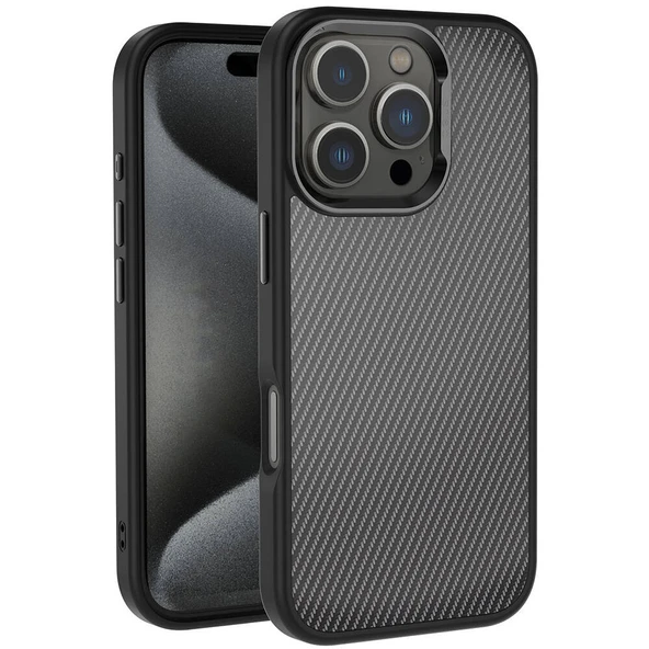 Zore Apple ile uyumlu iPhone 16 Pro Max Kılıf Karbon Fiber Görünümlü Parlak Kamera Çerçeveli Venus Kapak ürün görseli 1