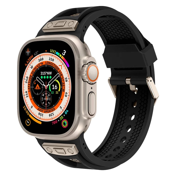 Zore Apple ile uyumlu Watch Ultra 49mm KRD-117 Hava Alabilen Delikli Metal Süslemeli Desenli Silikon Kordon ürün görseli 1
