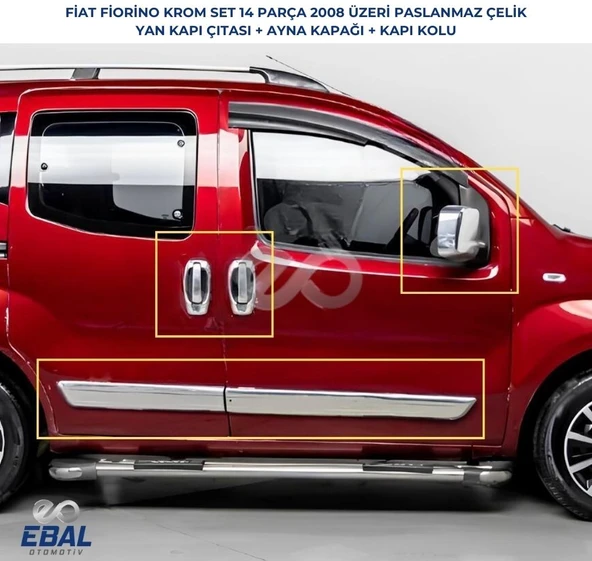 Fiat Fiorino 3'lü Krom Set Yan Kapı Çıtası+Kapı Kolu+ Ayna Kapağı Paslanmaz Çelik ürün görseli 1