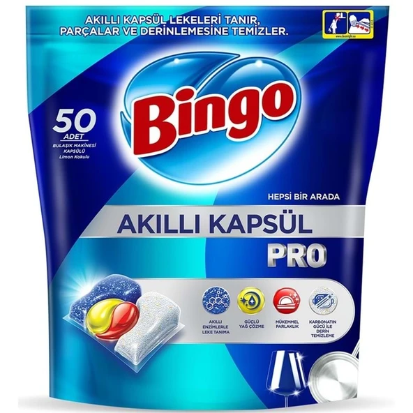 Bingo Akıllı Kapsül Pro Bulaşık Makinesi Deterjanı Tableti 50 Adet Limon Kokulu ürün görseli 1