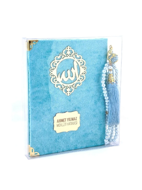 Kadife Kaplı Yasin Kitabı - Çanta Boy - İsme Özel Plakalı - Tesbihli - Kutulu - Mavi Renk - Mevlid Hediyeliği ürün görseli 1