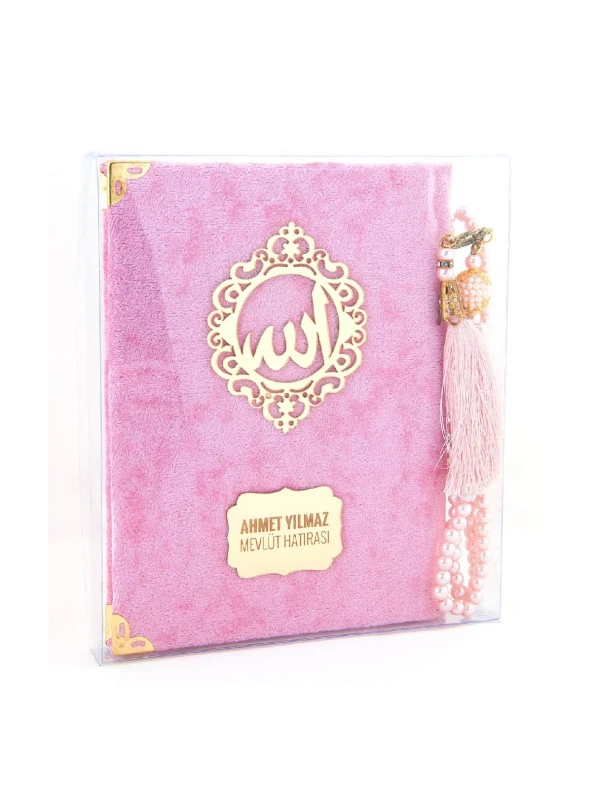 Kadife Kaplı Yasin Kitabı - Çanta Boy - İsme Özel Plakalı - Tesbihli - Kutulu - Pembe Renk - Mevlid Hediyeliği ürün görseli 1