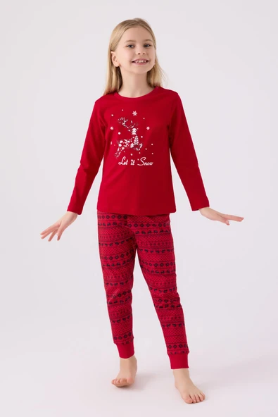 Arnetta 3106 Garson Aile Let İt Snow Kız Çocuk Kırmızı Uzun Kol Pijama Takım ürün görseli 1