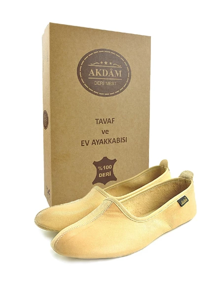 %100 Deri Hac Umre Tavaf Patiği ve Ev Ayakkabısı Krem ürün görseli 1