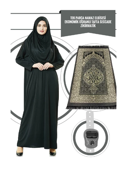 Tek Parça Namaz Elbisesi - Siyah - 5015  ve  Seccade  ve  Zikirmatik - Üçlü Takım ürün görseli 1