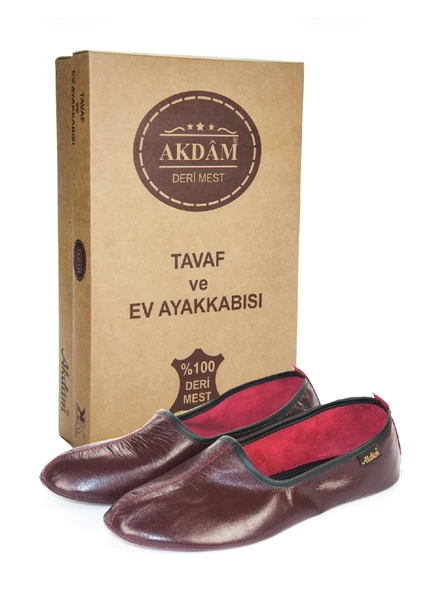 %100 Deri Hac Umre Tavaf Patiği ve Ev Ayakkabısı Bordo ürün görseli 1