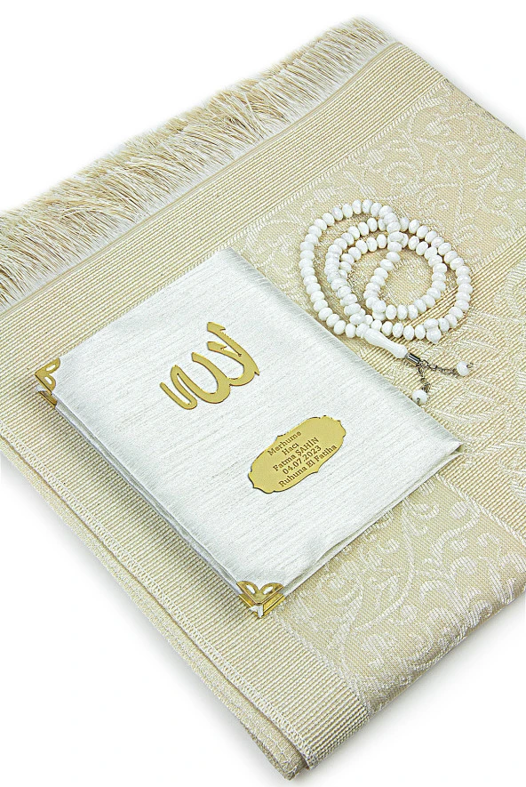 Şantuk Kumaş Kaplı Yasin Kitabı - Çanta Boy - İsme Özel Plakalı - Seccadeli - Tesbihli - Keseli - Gold Renk - Cemiyet Hediyeliği ürün görseli 1