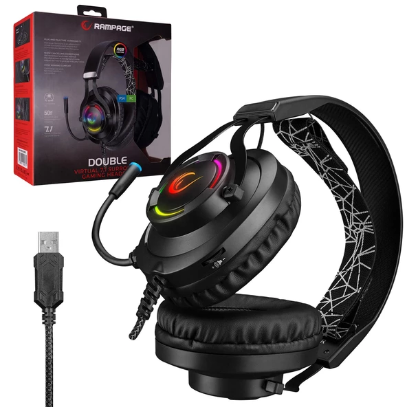 RAMPAGE RM-K18 DOUBLE Kablolu Oyuncu Kulak Üstü Kulaklık Usb Mikrofonlu Ledli PS4 Uyumlu ürün görseli 1