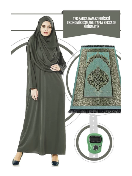 Tek Parça Namaz Elbisesi - Haki - 5015 & Seccade & Zikirmatik - Üçlü Takım ürün görseli 1