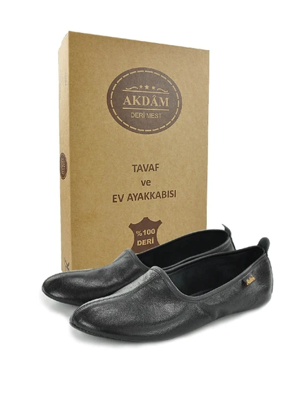 %100 Deri Hac Umre Tavaf Patiği ve Ev Ayakkabısı Siyah ürün görseli 1