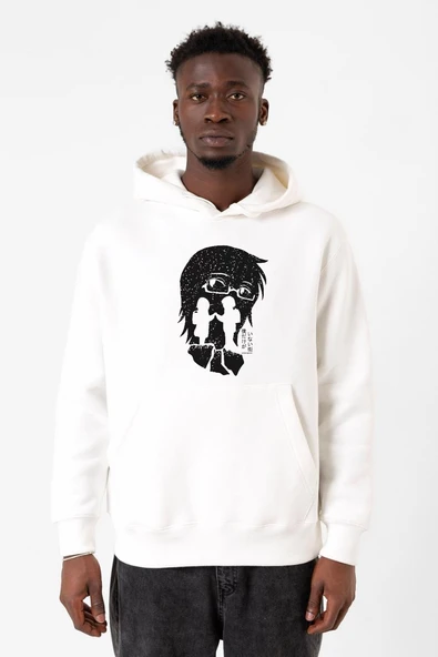 Erased Anime Black White Silhoette Beyaz Erkek 3ip Kapşonlu Sweatshirt ürün görseli 1