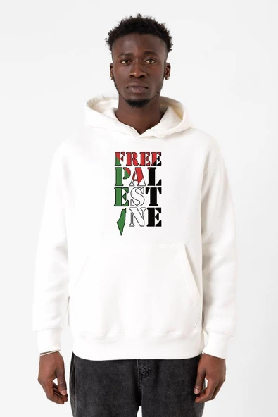 Free Palestine Beyaz Erkek 3ip Kapşonlu Sweatshirt ürün görseli 1