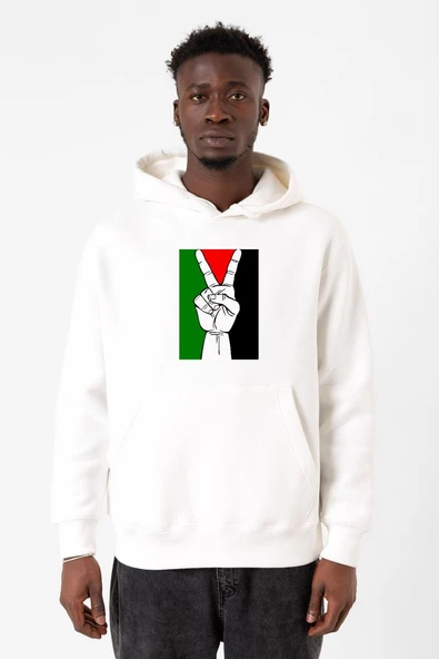 Free Hand Palestine Flag Beyaz Erkek 3ip Kapşonlu Sweatshirt ürün görseli 1