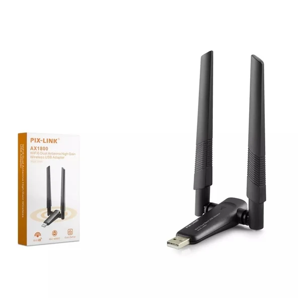 PİX-LİNK UAX04 WİFİ ADAPTÖR 2.4GHZ & 5GHZ AIC8800D AX1800 WİFİ6 SİYAH ürün görseli 1