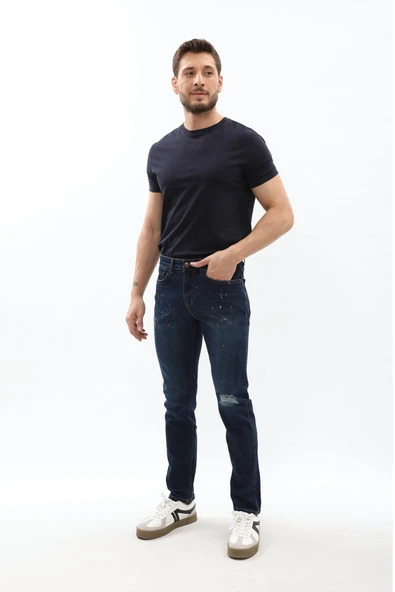 Erkek Dizi Yırtık Slim Fit Boya Detay Jean Pantolon ürün görseli 1