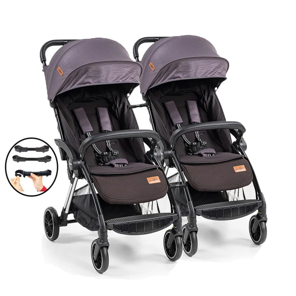 Baby2go Tulipa Cabin Otomatik Katlanan İkiz Bebek Arabası / Siyah Gri ürün görseli 1