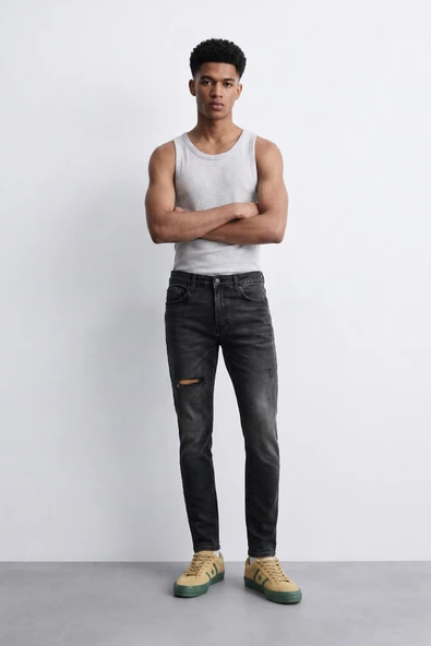 Erkek Slim Fit Yırtık Detay Antrasit Jean Pantolon ürün görseli 1