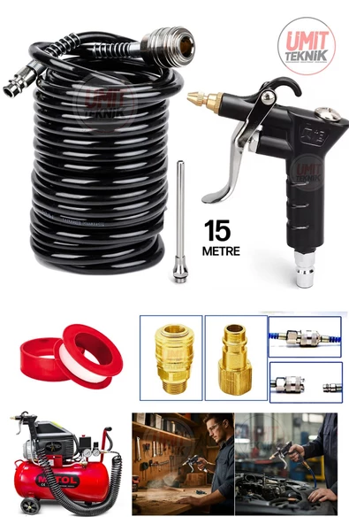 15 Metre Kompresör Spiral Hava Hortumu 8 Mm Hava Tabancası Recor Set Jak Takım ürün görseli 1