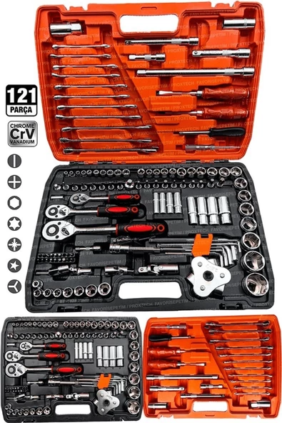 Profesyonel  Mekanik Krom Çelik  Premium Kalite 121 Parça Lokma Takımı 1/2-1/4-3/8 Full Set ürün görseli 1