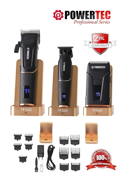 Powertec TR-5400 Saç & Sakal & Günlük Tıraş & Ense Çizim Profesyonel Berber Tıraş Makinesi 3'lü set ürün görseli 1