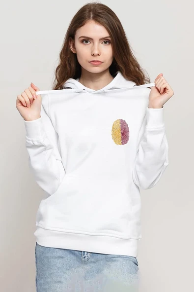 Sarı Kırmızı Parmak İzi Beyaz Kadın 3ip Kapşonlu Sweatshirt ürün görseli 1