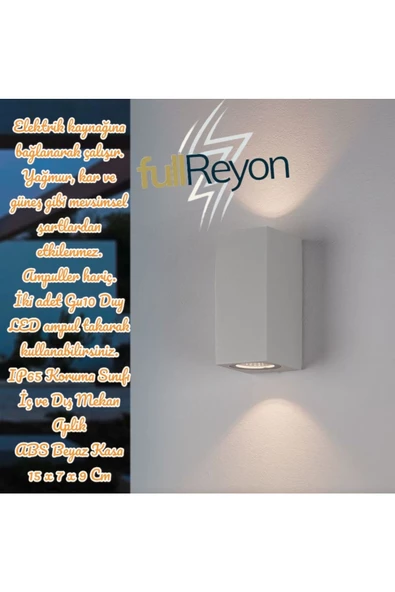 fullreyon 15 x 9 x 7 Cm, Plastik Beyaz Kasa Çift Yönlü İç ve Dış Mekan Armatürü, IP65 Sınıf Bahçe Duvar Apliği ürün görseli 1