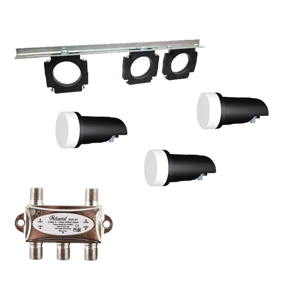 3lü LNB Aparatı + 3 Adet Inverto Single LNB + ADS-01 1/4 DiSEqC Switch ürün görseli 1