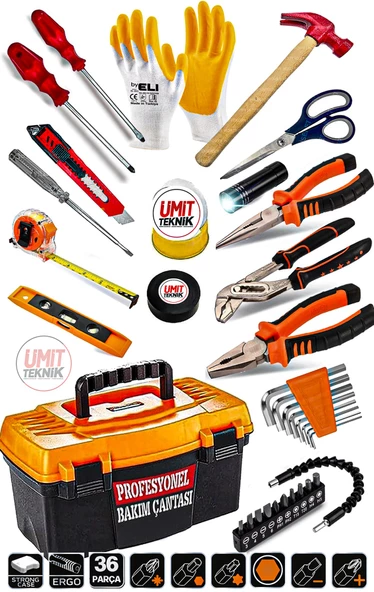 Çok Fonksiyonlu Gold Serisi 36 Pcs Full Takım Pense ,Tornavida,3 Metre ,Çekiç,Eldiven Combo Takım ürün görseli 1