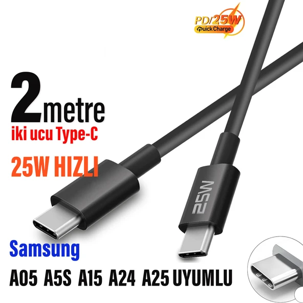 Samsung A05 A5S A15 A24 A25  Hızlı Şarj Kablosu Type-C den Type-C ye 2 metre Uzun Şarj Kablosu ürün görseli 1