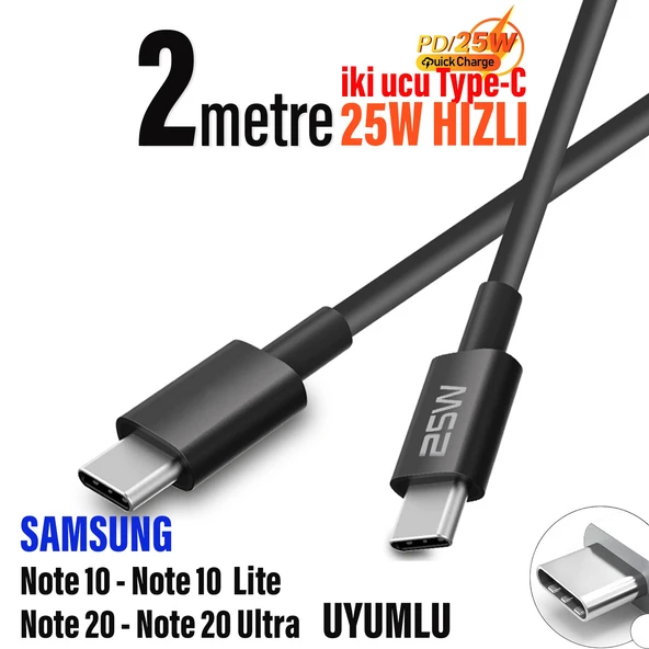 Samsung Note 10 Note 20 Uyumlu 25W HIZLI Type C Şarj Kablosu Uzun 2 metre ürün görseli 1
