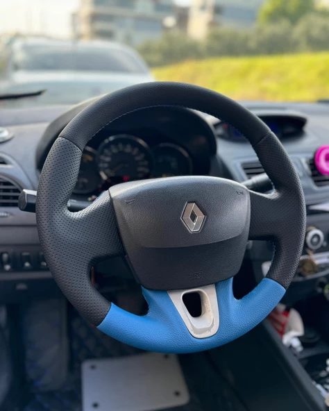 Renault Fluence Touch Araca Özel Direksiyon Kılıfı (Soft Nokta Düz Mavi Deri Mavi İp) ürün görseli 1