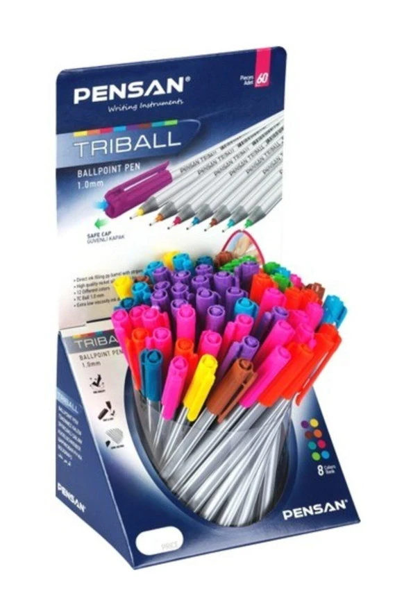 Pensan Tükenmez Kalem Triball 1.0 MM Bilye Uç Renkli 60 LI Stand 1003 (60'lı Paket) ürün görseli 1
