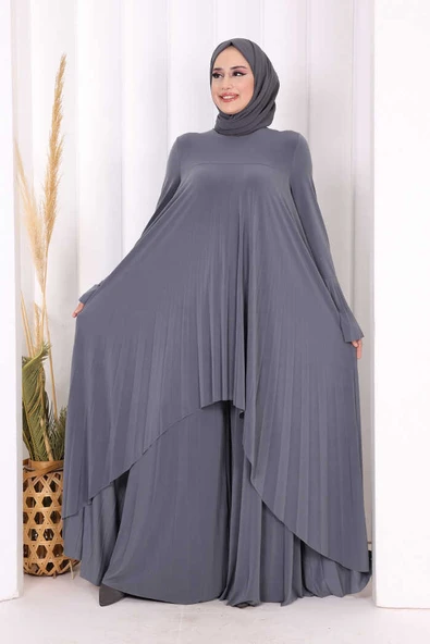 Pilise Detaylı Uzun Tunik ve Pantolon İkili Takım 8575 Gri ürün görseli 1