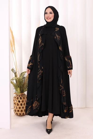 Çiçek Desenli Fırfırlı Abaya 7908 Siyah ürün görseli 1