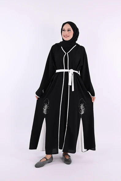 Nakış İşleme Detaylı Bel Kuşaklı Abaya 7901 Siyah ürün görseli 1