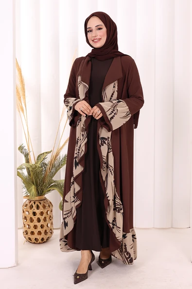 Çiçek Desenli Fırfırlı Abaya 7908 Kahverengi ürün görseli 1